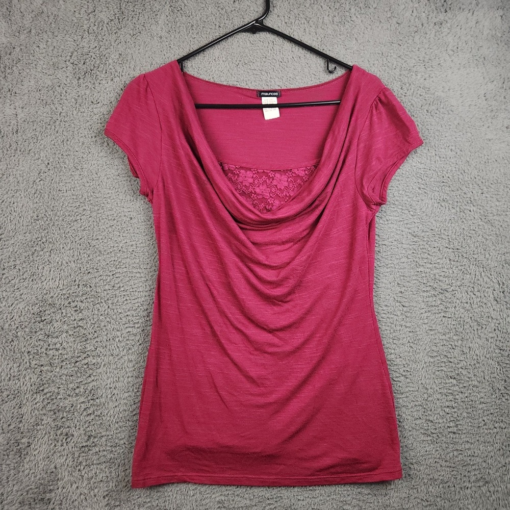 Vintage Y2K Shirt Womens Medium Cowl Neck Lace V Neck Cap Sleeve Stretch Top